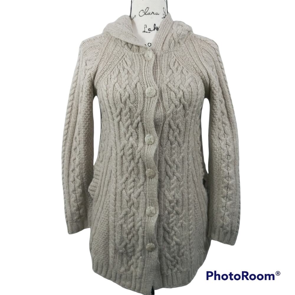 INIS CRAFTS IRELAND Merino Wool Oatmeal Button Down Hooded Cable Knit Sweater S